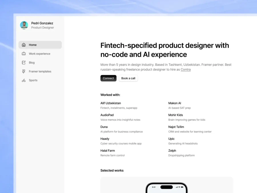 Pedri — Designer portfolio template — Bobur Mavlonov Framer Template