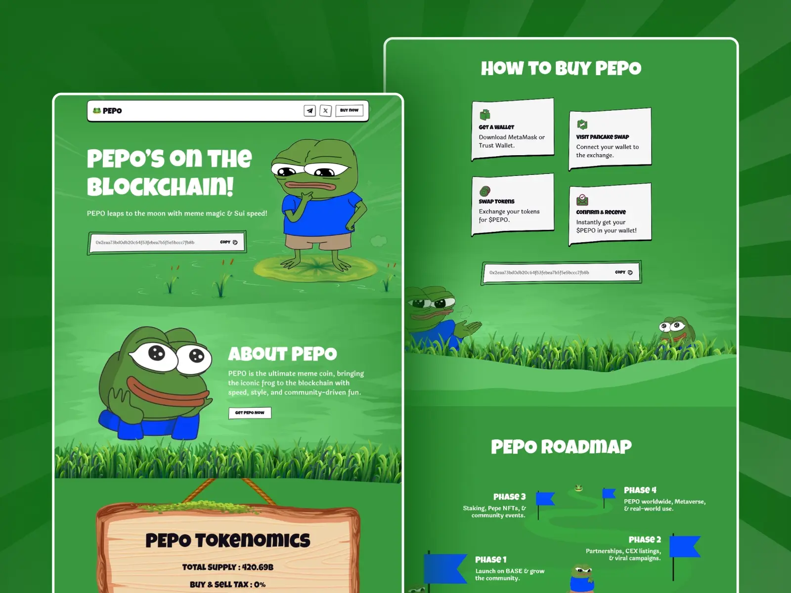 A cartoon frog in a blue shirt stands on a green background with text about blockchain. The right panel shows a buying guide and roadmap with whimsical graphics.