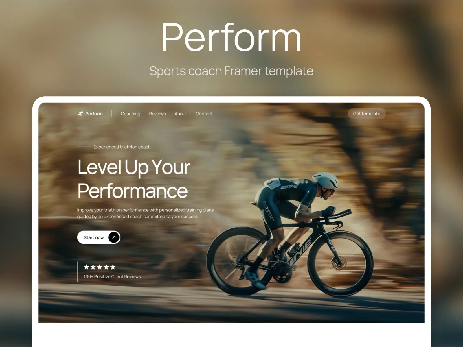 A cyclist in motion on a sleek website template. Text reads