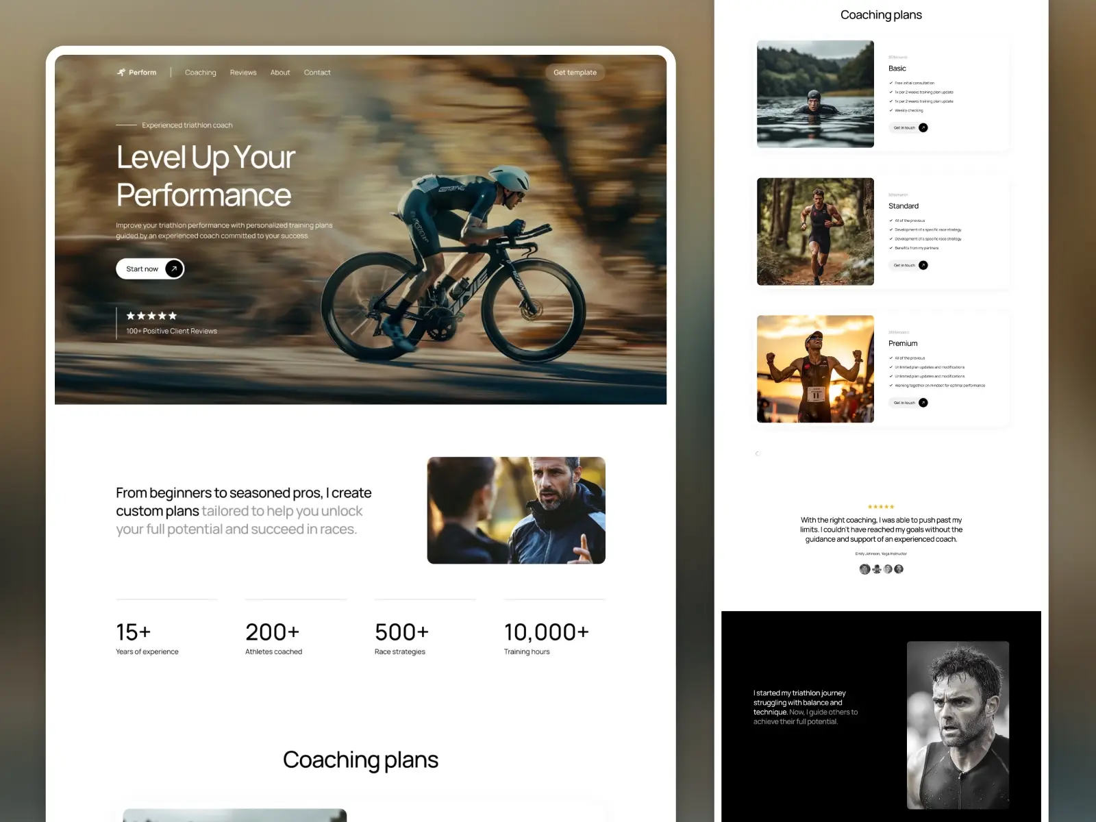 A cyclist in motion, wearing full gear, is centered on the website's homepage, titled "Level Up Your Performance." The site promotes custom coaching plans. On the right, there are images highlighting basic to premium coaching plans. The tone is motivational and energetic.