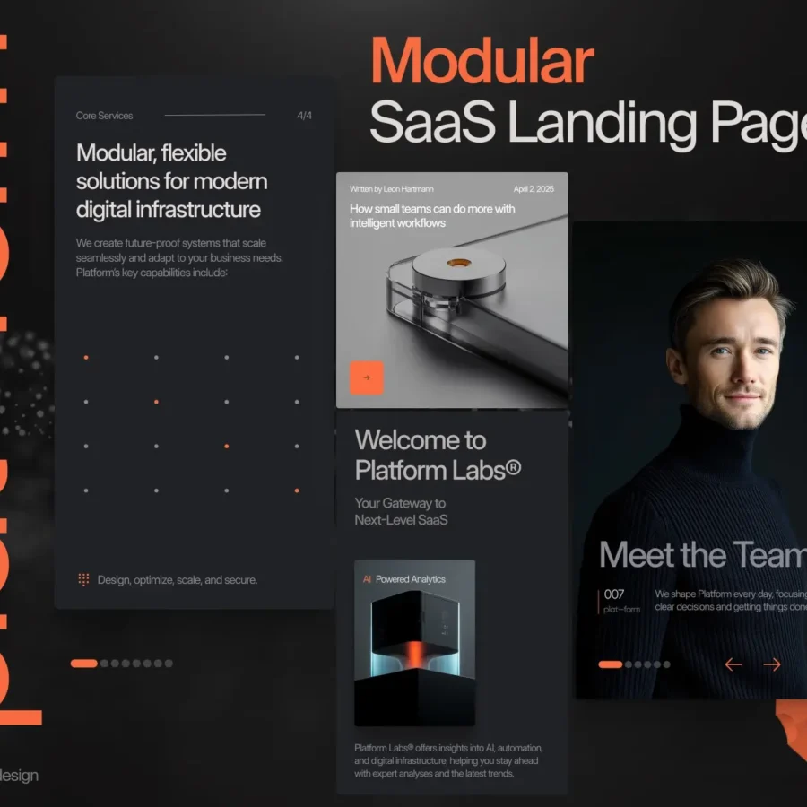 Dark-themed SaaS landing page design with orange accents. Features include a headline on modular infrastructure, a profile image of a smiling person titled 'Meet the Team,' and sections about solutions and webinars. A sidebar displays the word 'platform' vertically.