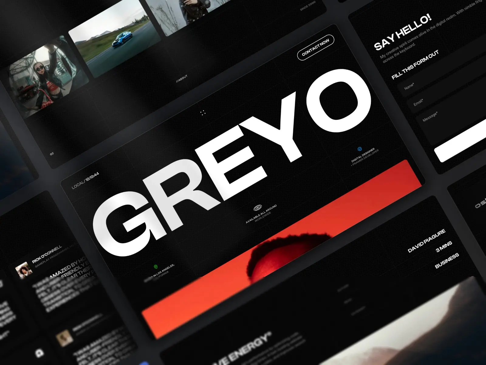 A digital marketing agency web design layout with bold "GREYO" text, a grid of images, and contact form on a dark background, conveying sleek modernity.