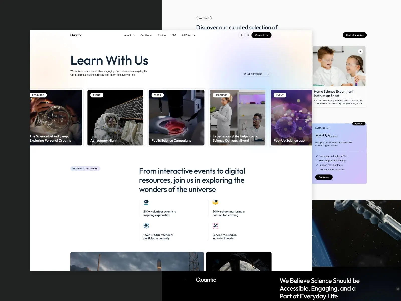 Website homepage for "Quantia," featuring a tagline "Learn With Us." It showcases science events, resources, and outreach with engaging images and a welcoming tone.