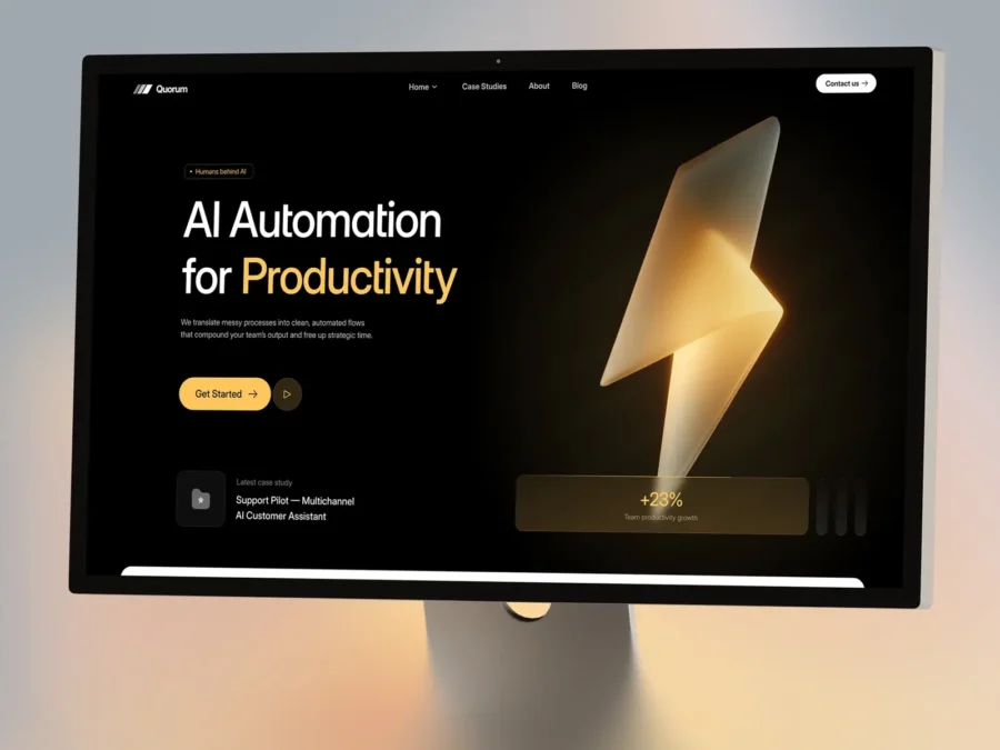 Computer screen displaying a webpage with 'AI Automation for Productivity' in bold text. A yellow lightning bolt icon represents efficiency. The background is dark, creating a sleek and modern tone.