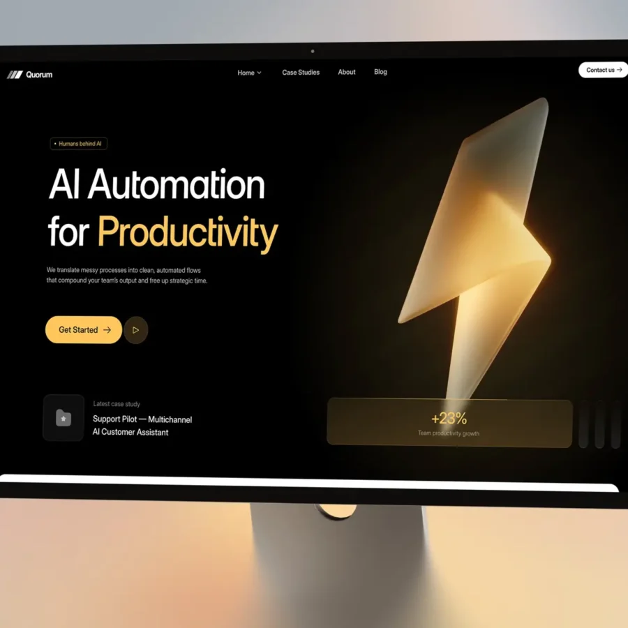 Computer screen displaying a webpage with 'AI Automation for Productivity' in bold text. A yellow lightning bolt icon represents efficiency. The background is dark, creating a sleek and modern tone.