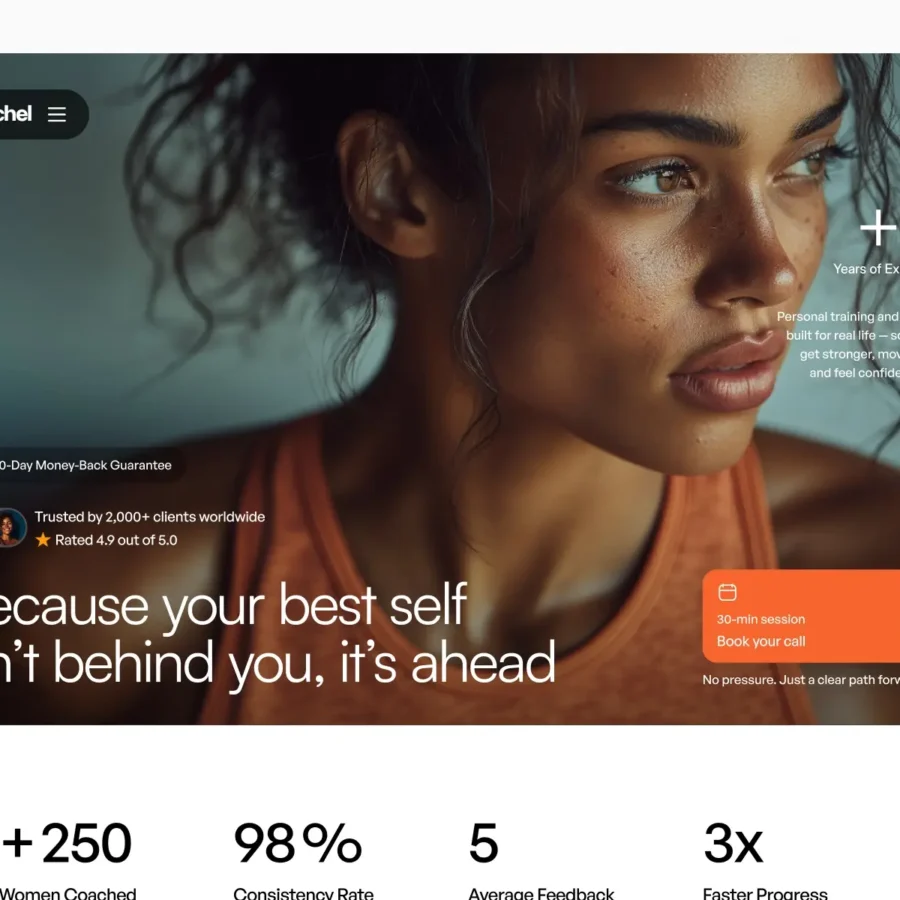 A focused woman in a workout top looks determined. Text promotes personal training with positive feedback and success metrics. The tone is motivational.