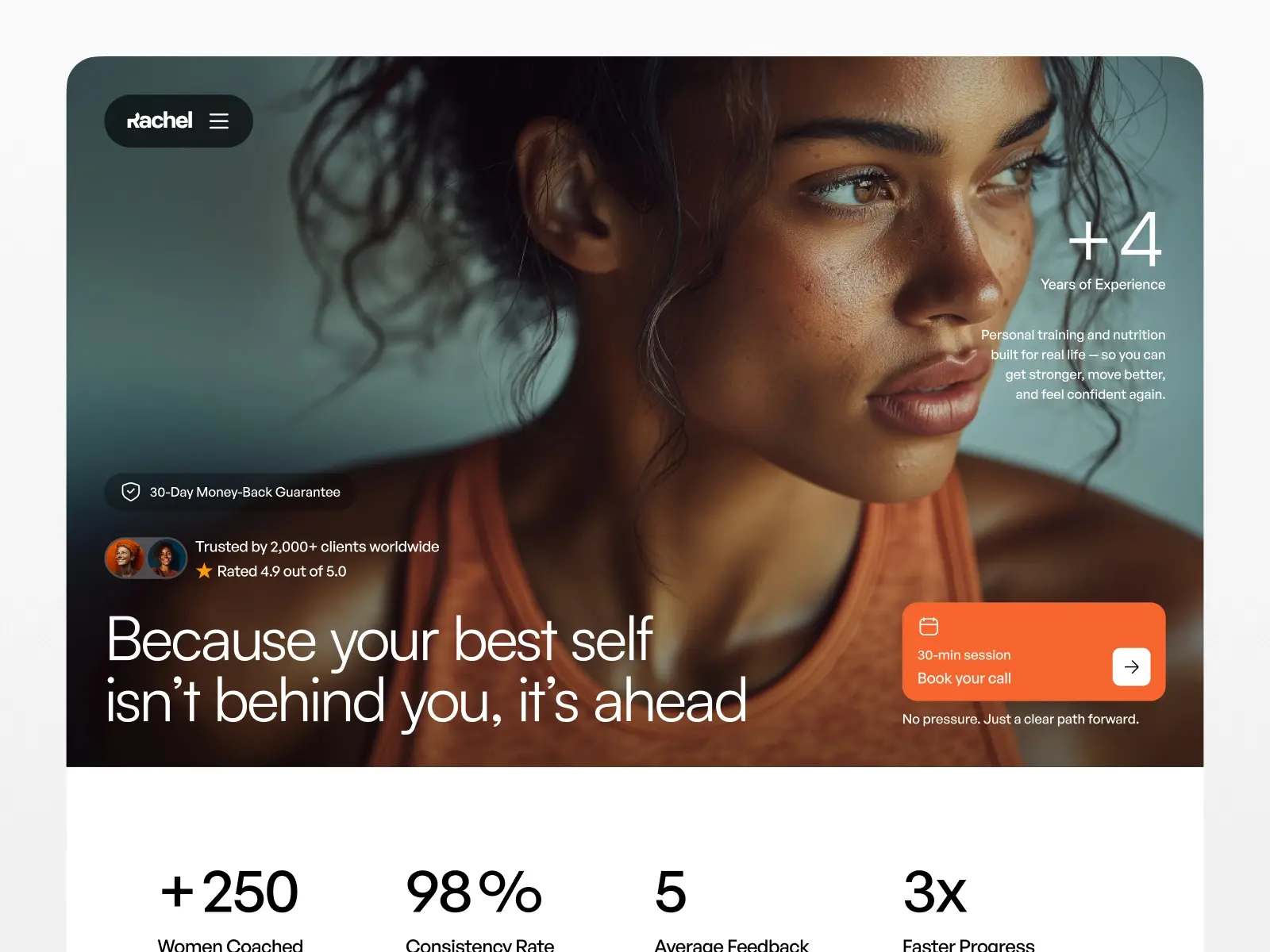 A focused woman in a workout top looks determined. Text promotes personal training with positive feedback and success metrics. The tone is motivational.