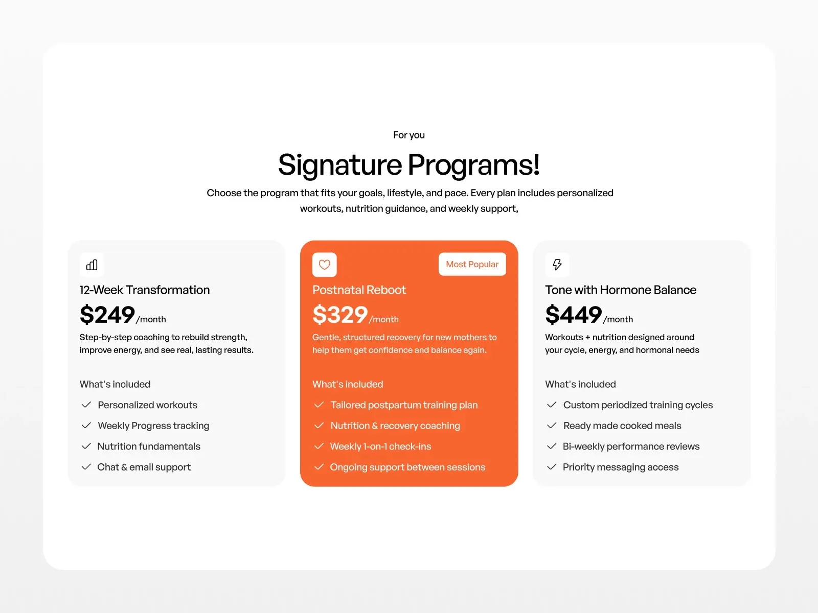 A comparison of three fitness programs: "12-Week Transformation" at $249/month, "Postnatal Reboot" at $329/month, tagged 'Most Popular,' and "Tone with Hormone Balance" at $449/month. Each includes personalized plans, coaching, and support.