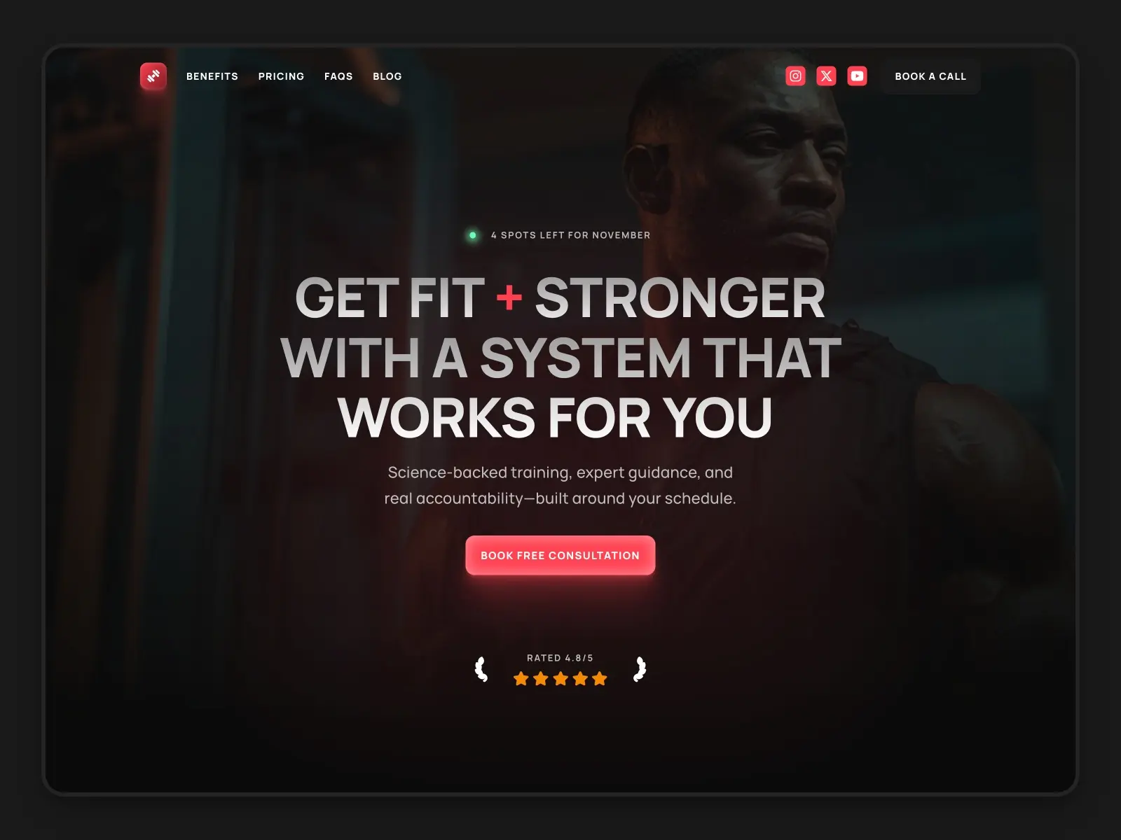 Fitness website homepage with bold text: 