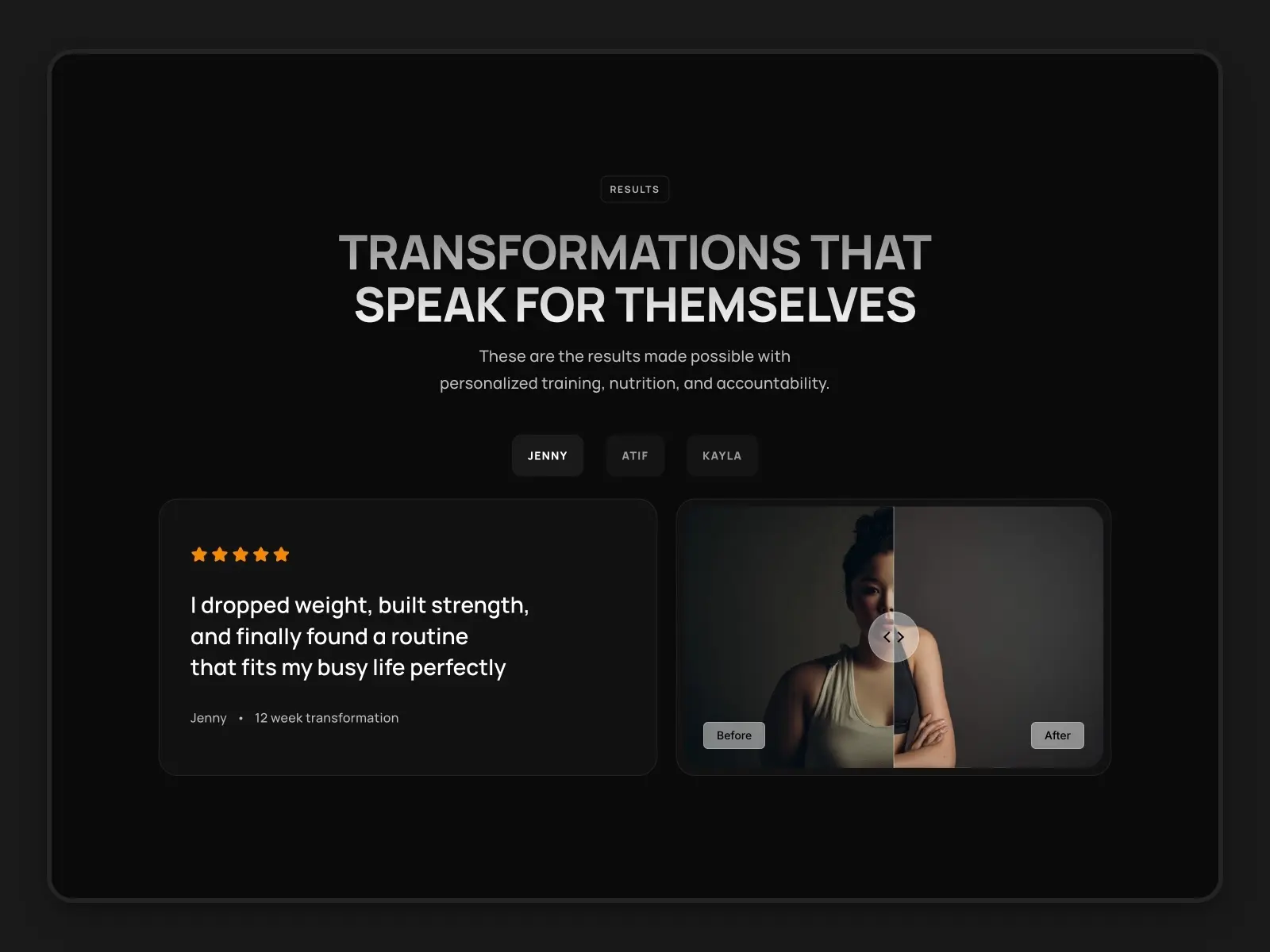 Website highlighting fitness transformations. Headline reads 'Transformations That Speak for Themselves' with testimonial: 'I dropped weight, built strength, and found a routine that fits my busy life.' Includes before-and-after split image showing a woman's progress. Keywords: transformation, fitness, routine.