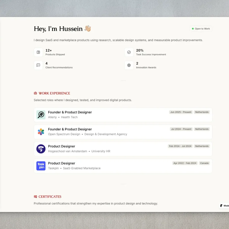 Resumix — Your One-Page Resume — Hussein Shirvani Framer Template