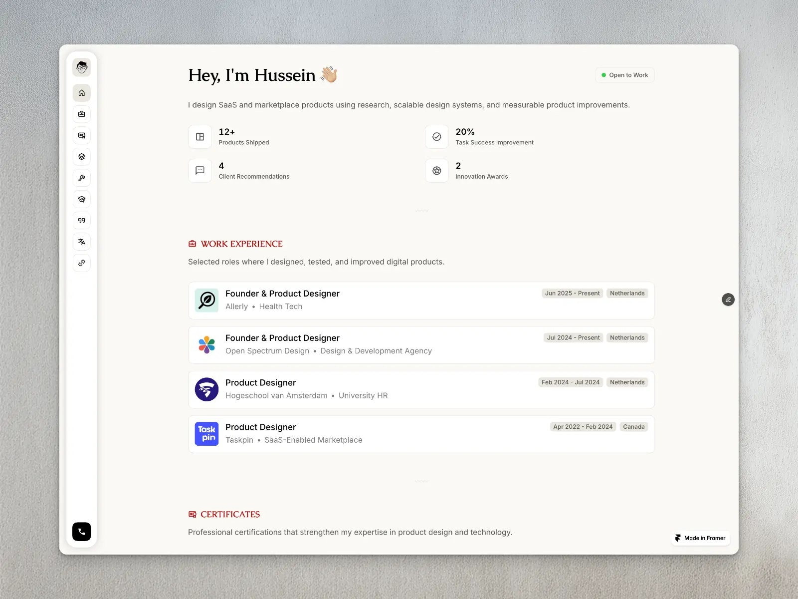 Resumix — Your One-Page Resume — Hussein Shirvani Framer Template