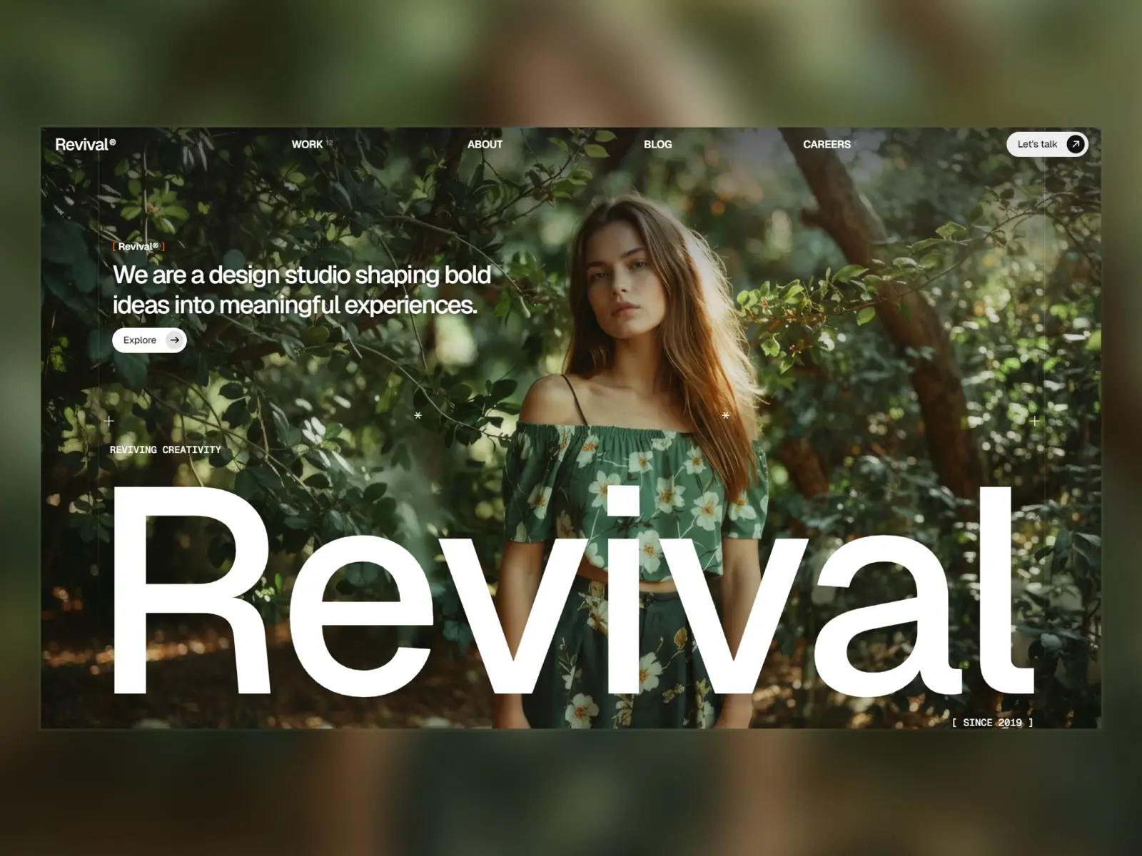 A young woman in a green floral dress stands amid lush foliage, conveying tranquility. Large white text reads 