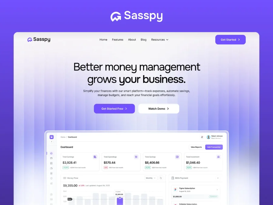 Sasspy — Fintech SaaS Startup Website — Tempbix Framer Template