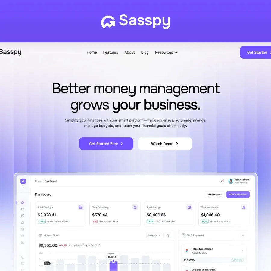 Sasspy — Fintech SaaS Startup Website — Tempbix Framer Template
