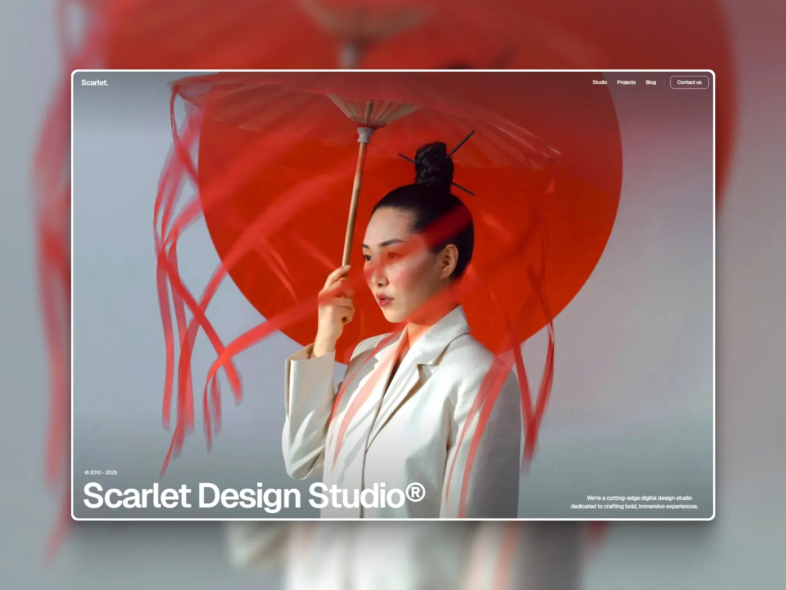 A woman in a white coat holds a red parasol. The parasol casts striking red shadows, creating an elegant and artistic atmosphere. Text reads 