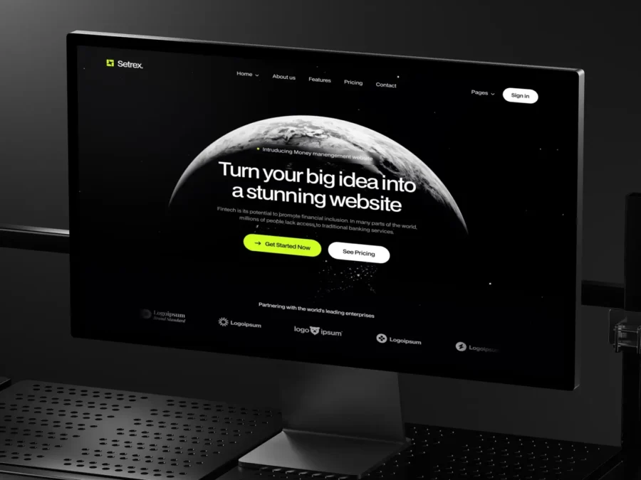 A sleek computer monitor displays a dark-themed webpage with a partial view of Earth and bold text promoting website creation. Neon green button reads “Get Started Now.”
