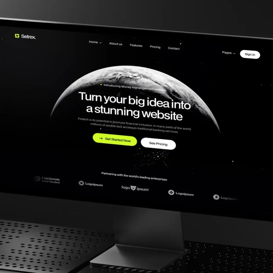A sleek computer monitor displays a dark-themed webpage with a partial view of Earth and bold text promoting website creation. Neon green button reads “Get Started Now.”
