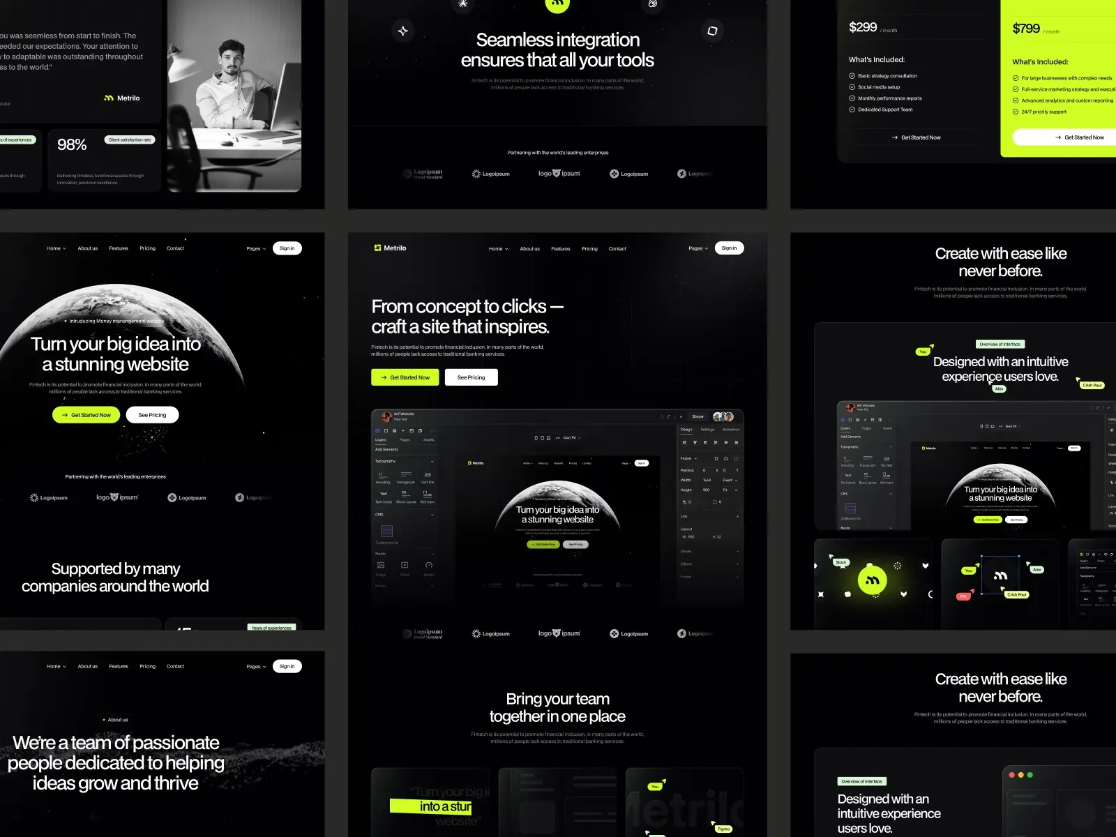 A collage of modern website designs in dark tones with green accents. Includes phrases like "Turn your big idea into a stunning website" and "Seamless integration."