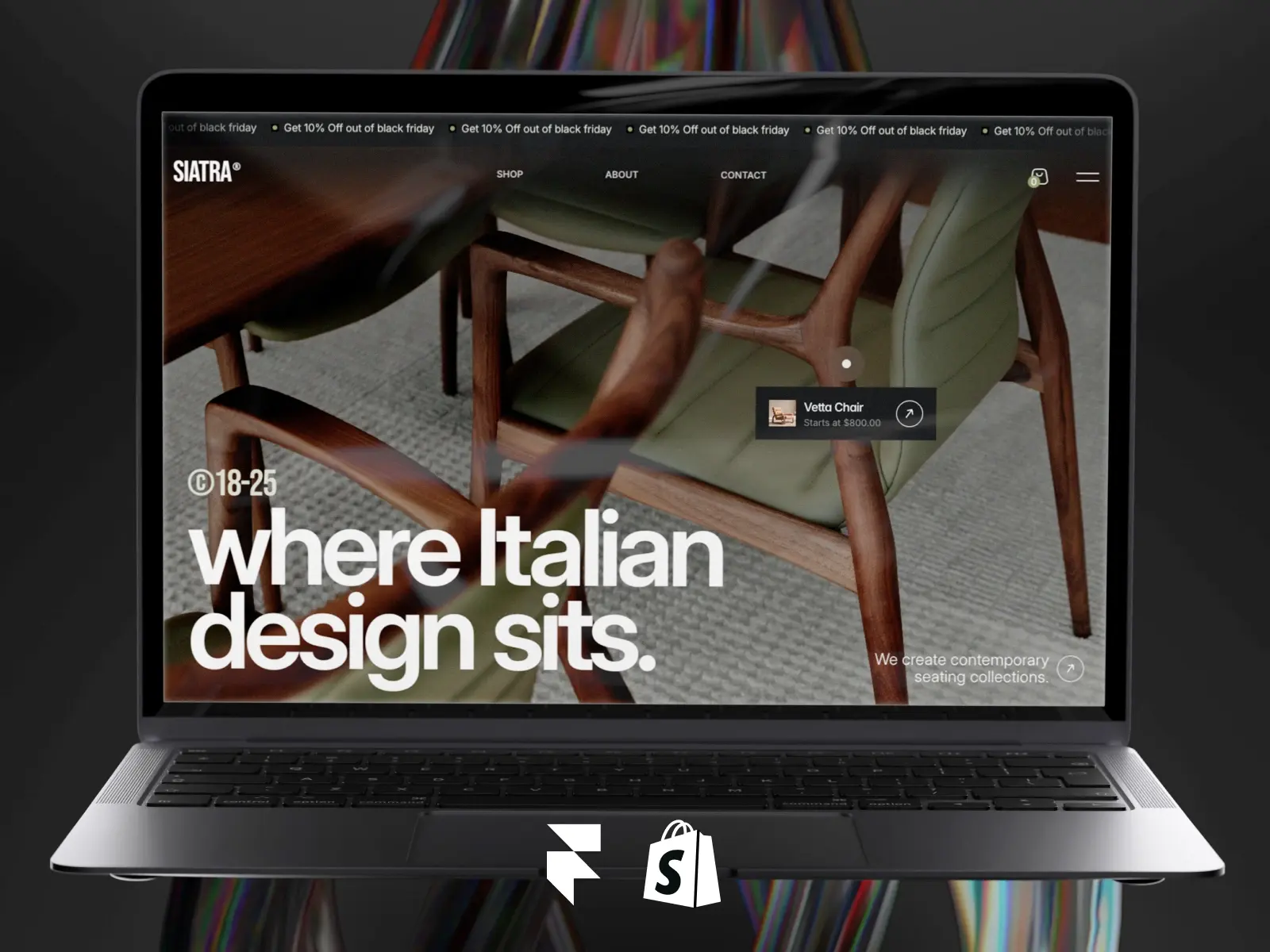 Laptop screen displaying a website featuring elegant wooden chairs on a sleek, gray background. Large text reads 