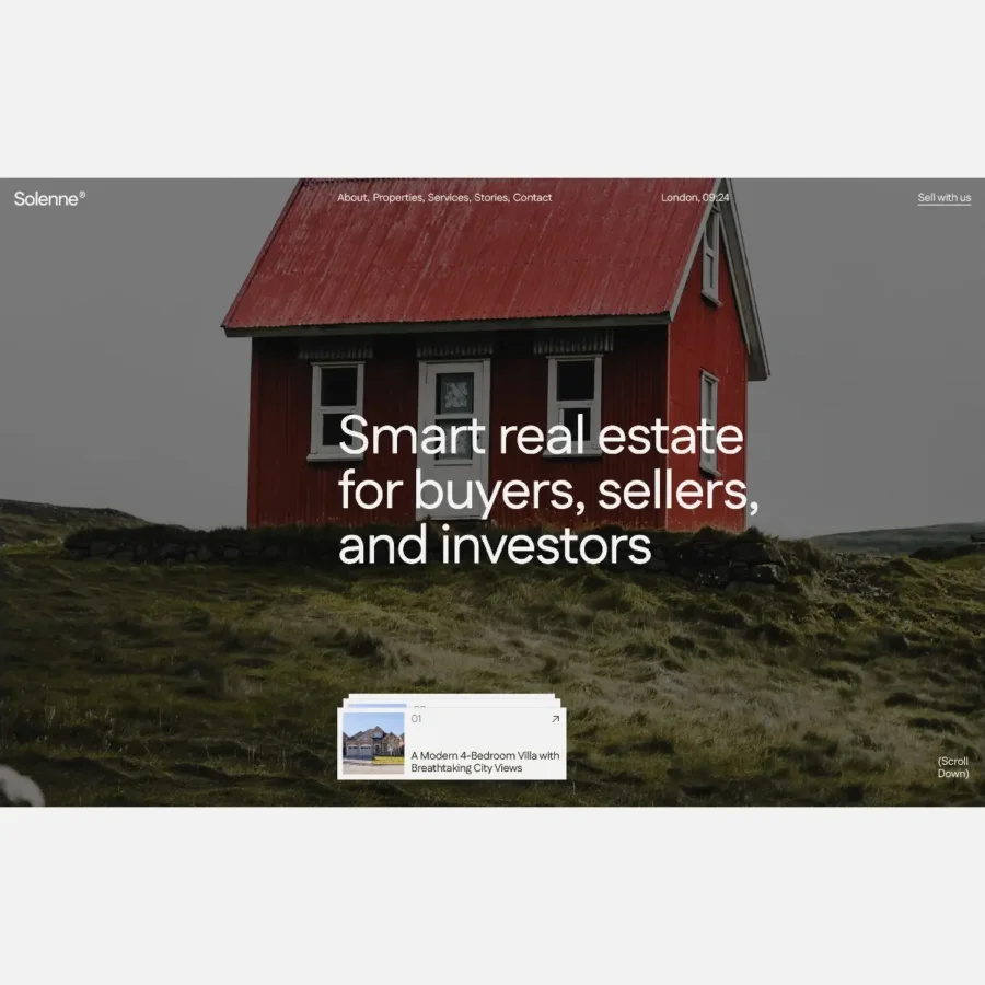Minimalist website homepage featuring a red house with a grassy landscape and overcast sky. White text promotes real estate services for buyers, sellers, and investors.