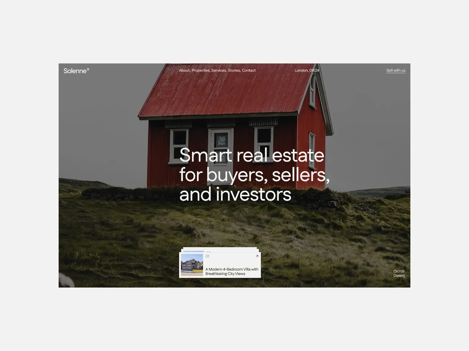 Minimalist website homepage featuring a red house with a grassy landscape and overcast sky. White text promotes real estate services for buyers, sellers, and investors.
