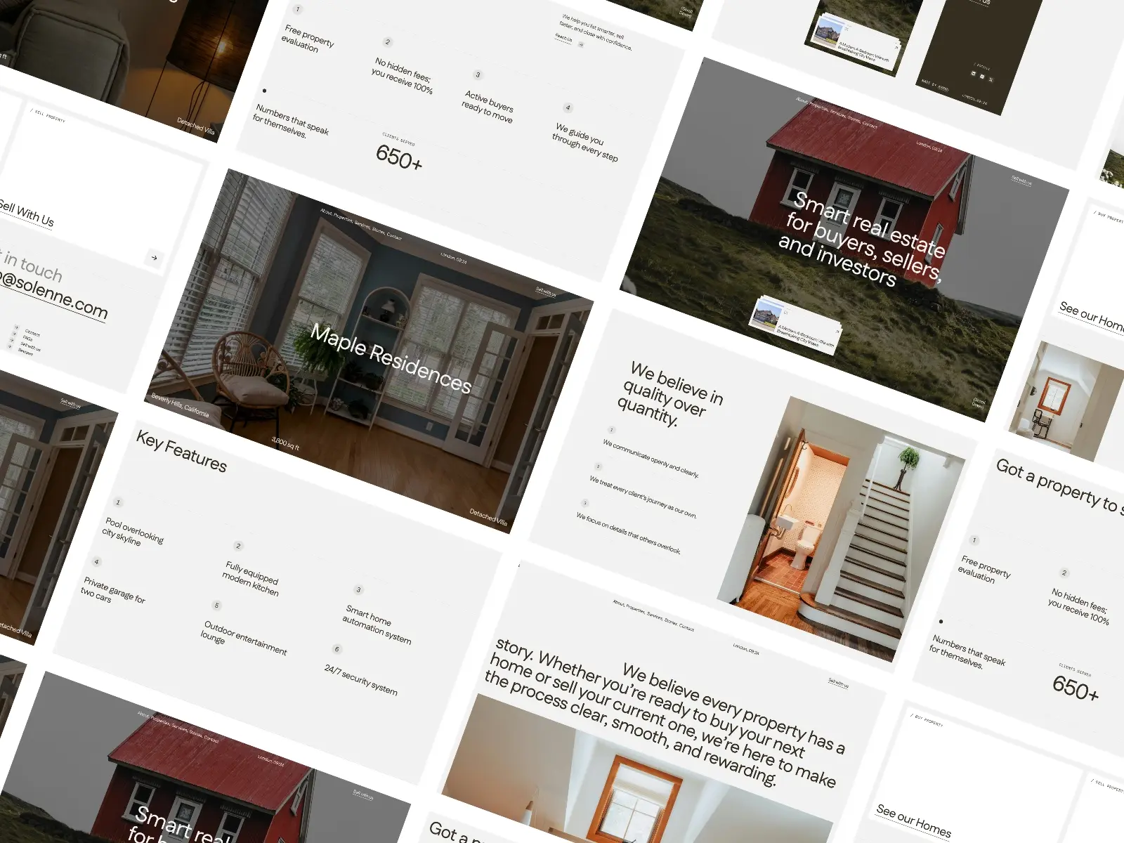 Tilted collage of real estate flyers featuring interiors, exteriors, and text highlighting property features, client benefits, and services.