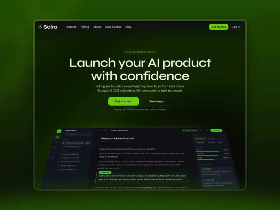 Solra — AI SaaS template for founders — Damir Cosic Framer Template