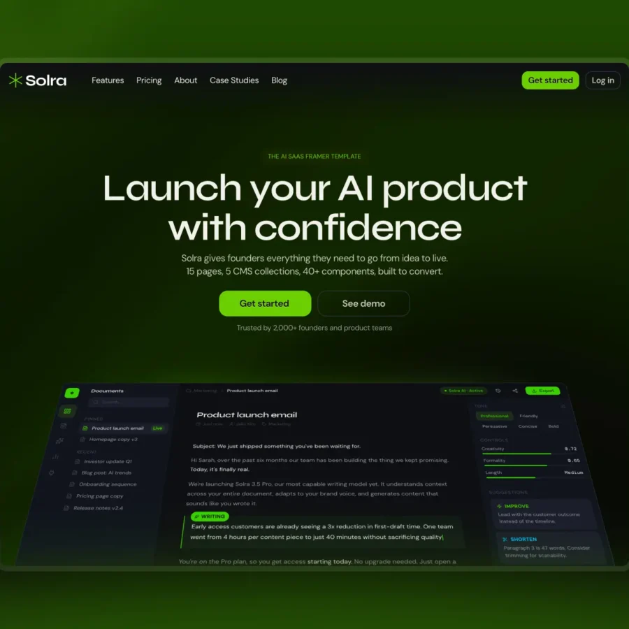 Solra — AI SaaS template for founders — Damir Cosic Framer Template