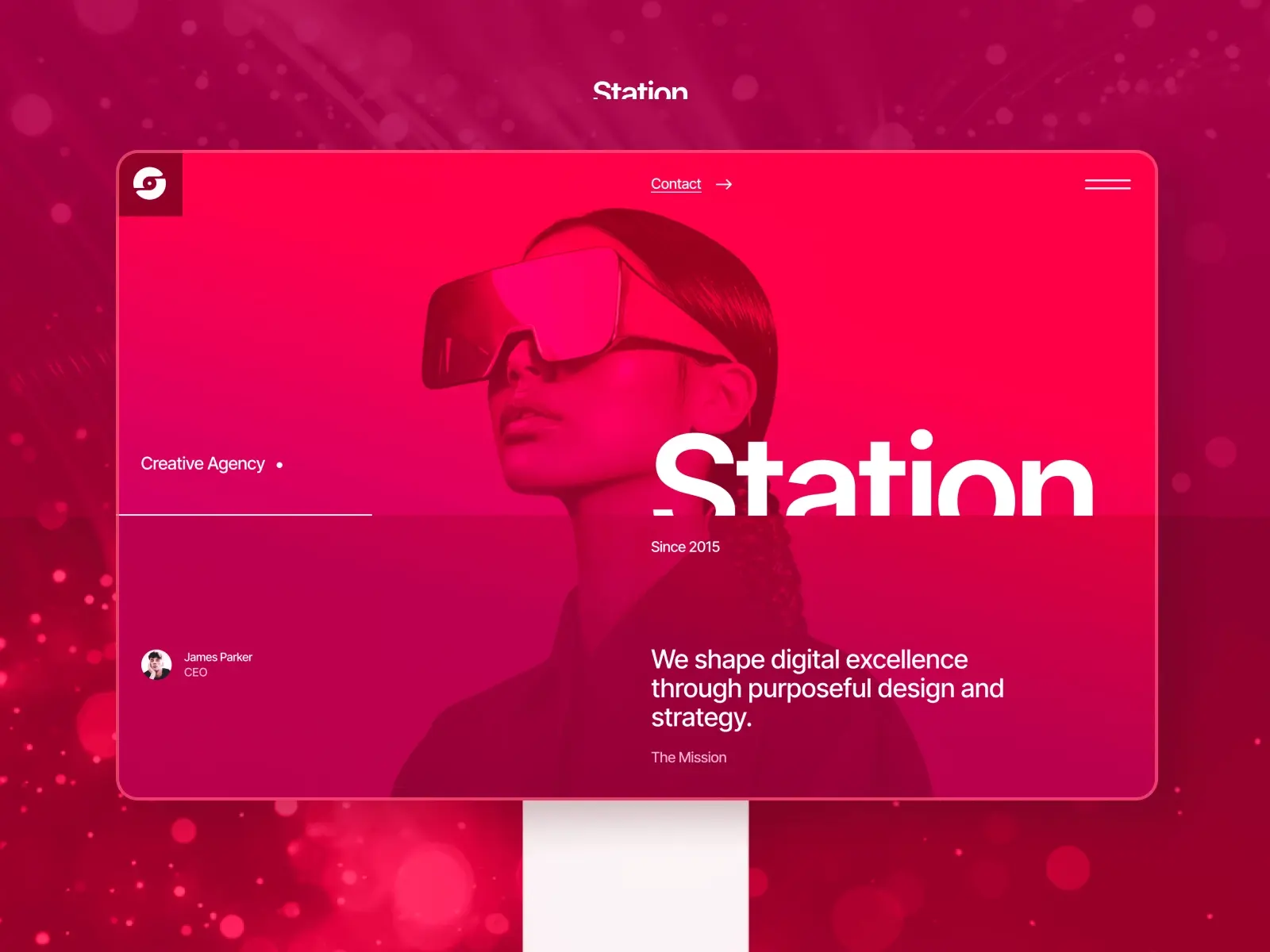 Red-themed website mockup featuring a woman in large sunglasses, text reading 