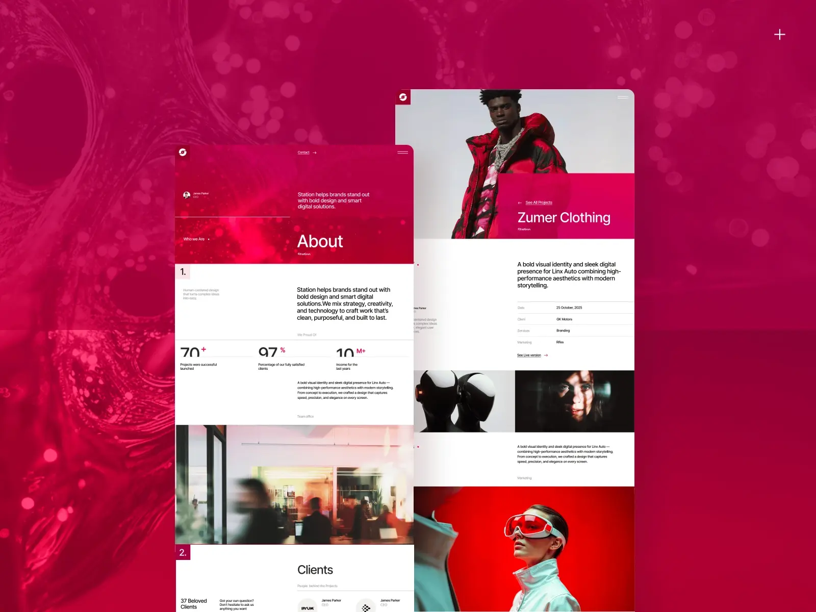Digital mockup with red theme showing two overlapping web pages. Left page highlights "About" with text and stats, right features "Zumer Clothing" with fashion images.
