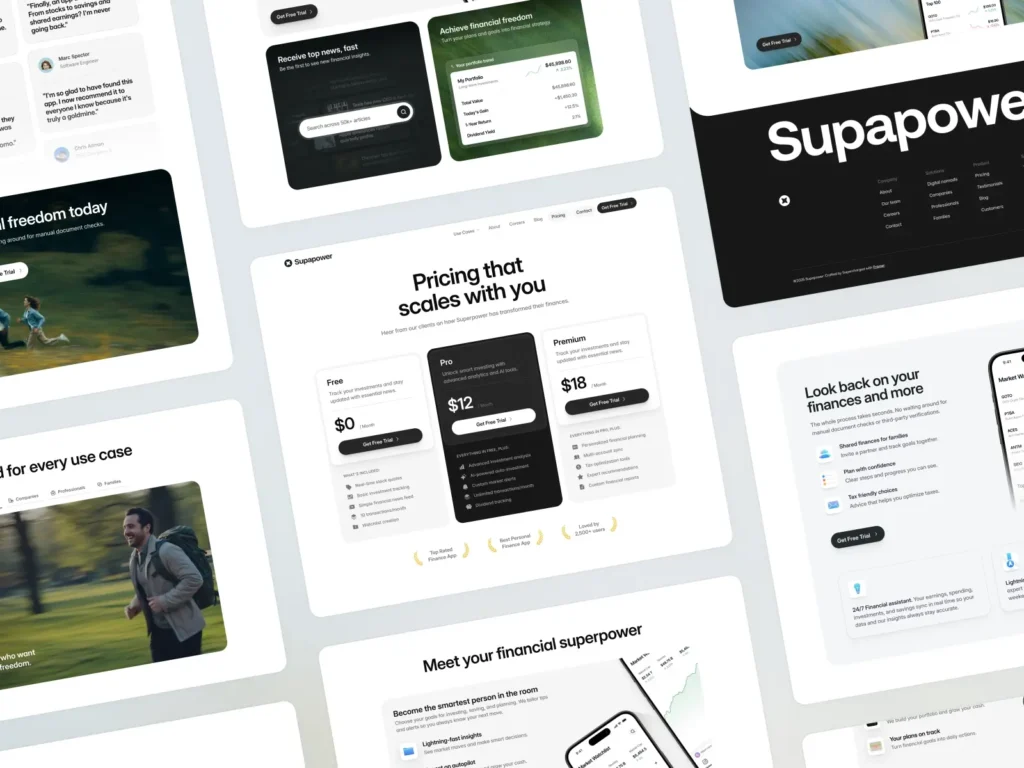 Collage of website mockups with modern design for Supapower. Includes pricing plans, testimonials, and lifestyle images, conveying a professional and dynamic tone.