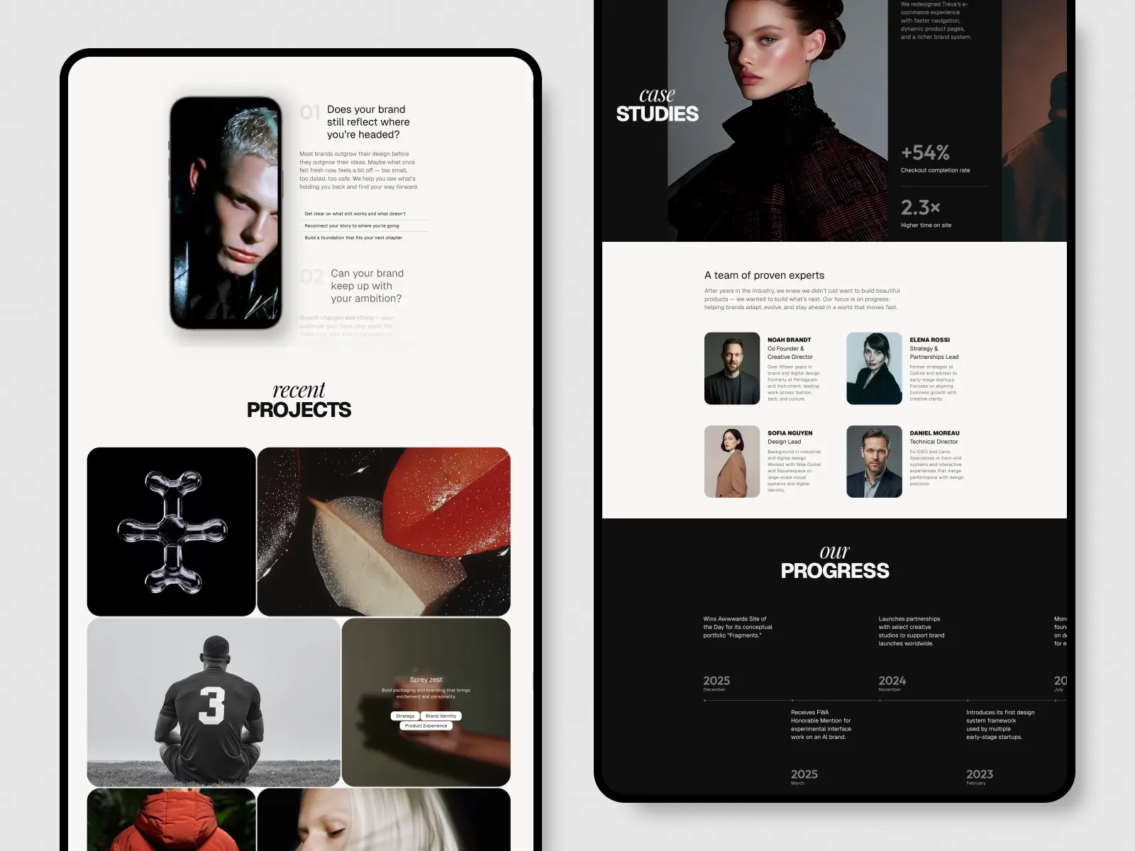 Two modern website layouts display branding content. Left: projects and a portrait of a person with platinum hair. Right: a woman, expert team, and progress timeline. Sleek, professional vibe.