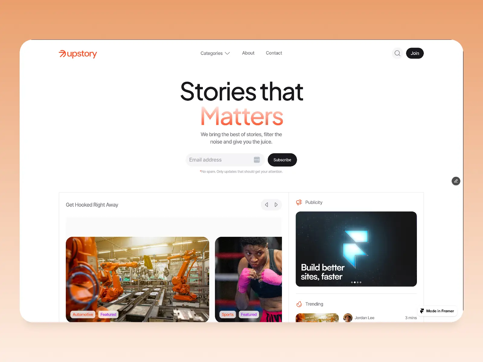 Upstory — A modern blog template — Plaiter Framer Template
