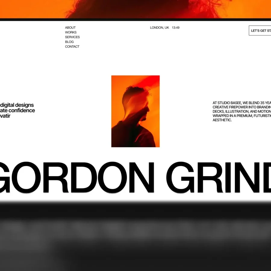 Website design for Gordon Grind. Features bold typography, a silhouette of a man against an orange backdrop, and text on digital design innovation.