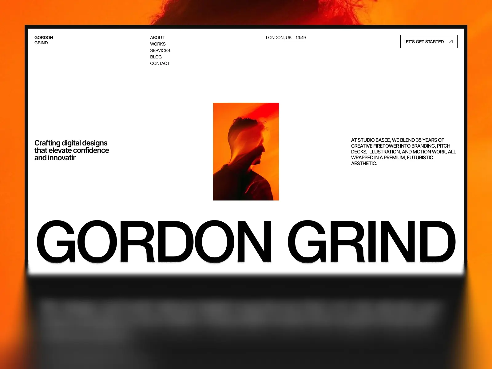 Website design for Gordon Grind. Features bold typography, a silhouette of a man against an orange backdrop, and text on digital design innovation.