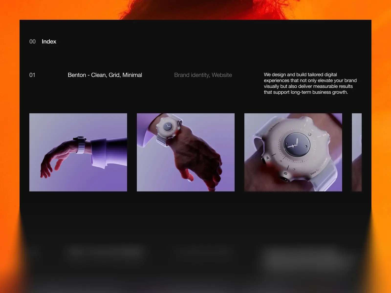 Close-up of a minimalist watch on a wrist, showcased in a smooth, modern style. The design is clean and sleek, set against a purple gradient backdrop.