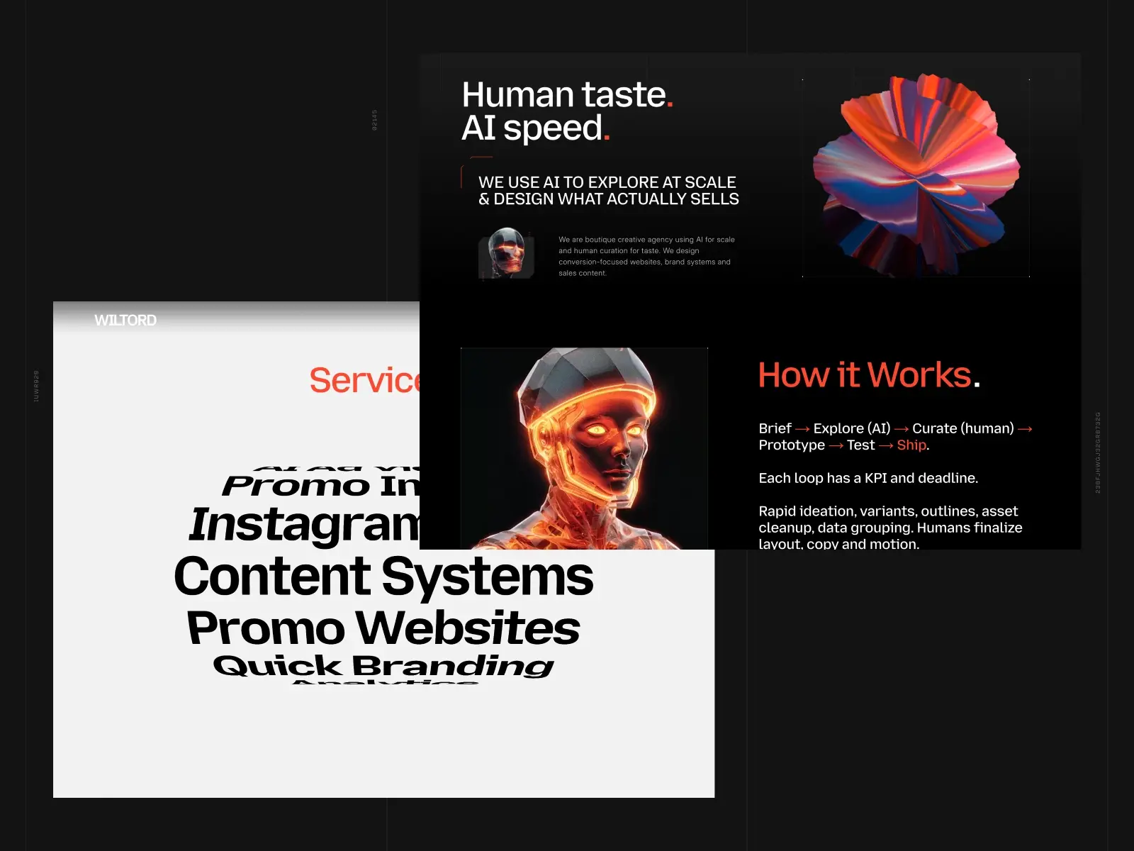 A digital collage with three sections. Top right features "Human taste. AI speed." text alongside a colorful abstract shape. Top left reads "How it Works" with a list: explore, curate, prototype, test, ship. Bottom left shows bold, overlapping text listing services like "Content Systems" and "Promo Websites." A futuristic, glowing head image is in the center. The tone is modern and tech-focused.