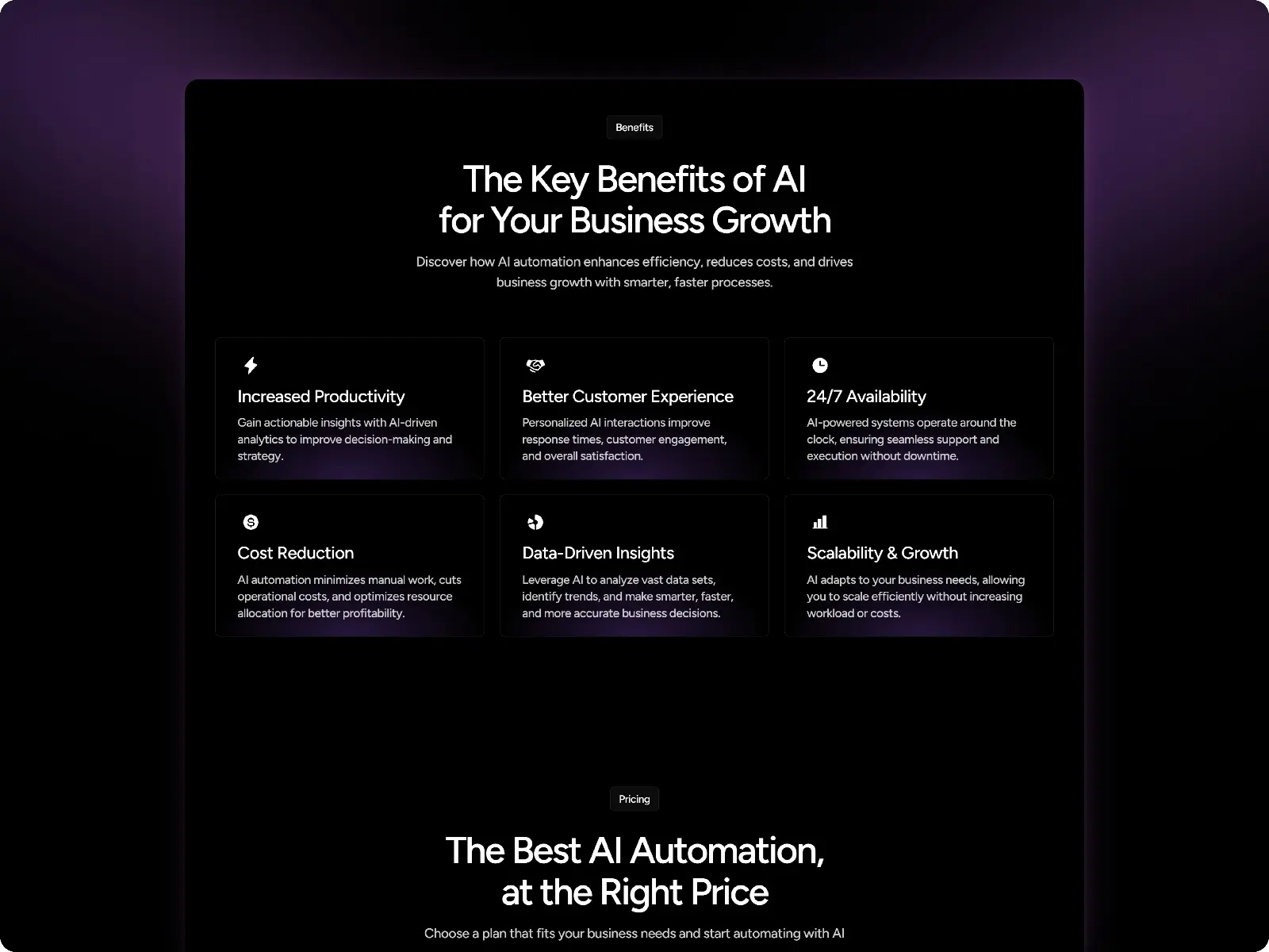 Dark-themed webpage highlighting AI benefits for business growth. Features include increased productivity, better customer experience, 24/7 availability, cost reduction, data-driven insights, and scalability. Emphasizes efficiency and smart processes.