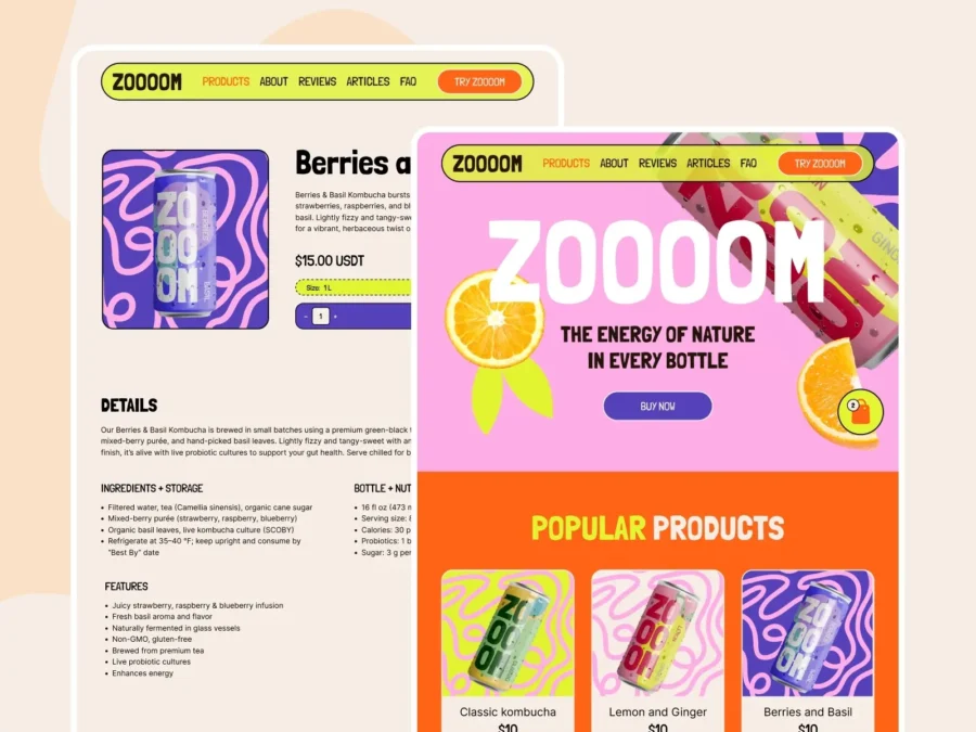 Bright webpage for a kombucha brand, ZOOOOM, featuring colorful cans, citrus illustrations, and bold text. Energetic and vibrant design.