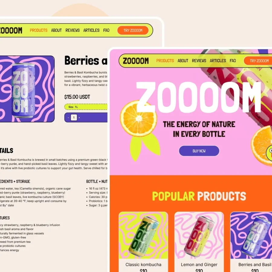 Bright webpage for a kombucha brand, ZOOOOM, featuring colorful cans, citrus illustrations, and bold text. Energetic and vibrant design.