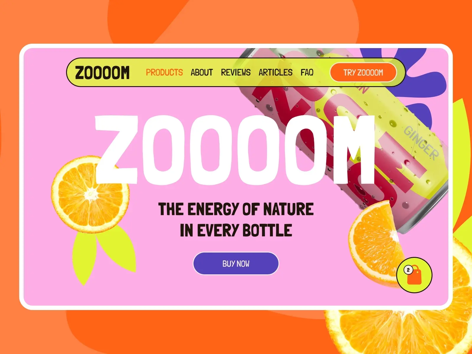 Bright, colorful web banner for ZOOOOM featuring a vibrant drink can, text "The Energy of Nature in Every Bottle," and orange slices on a pink and orange background.